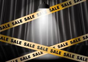 Sale on Black Friday concept banner,card,backdrop with spotlight and warning tapes.Template for black Friday sale. Background with danger tapes against the backdrop of a dark stage and curtains. vector