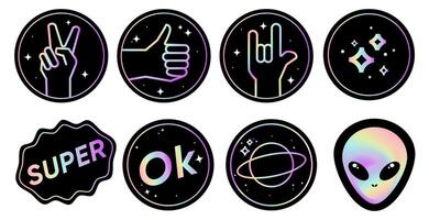 Holographic sticker icons template and label with holographic effect hand gestures like, two thumbs up, rock n roll sign, super, ok, alien. Shiny Hologram rainbow emblems in retro style y2k . vector