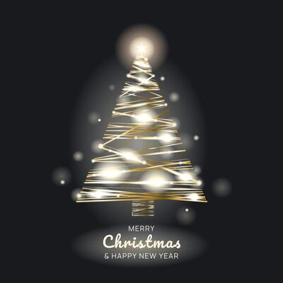 Abstract shiny christmas tree shape with golden and glittering lights.Sparkling christmas tree lights bright shiny and glowing bulbs.Luxury golden glowing fir tree for christmas new year design.