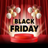 Black Friday Sale concept Stage podium for product display with balloons on red stage background with realistic curtains with spotlights. Promo background for Black Friday. Red scene backdrop. vector
