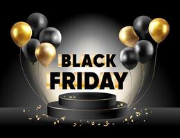 Black friday big sale showcase background with 3d podium and black with gold balloons and confetti.Realistic 3d black pedestal podium background.Abstract luxury minimal scene mockup products. vector