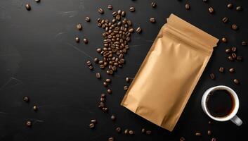Coffee pack. Roasted beans and mockup bag template. Dark background with copyspace photo