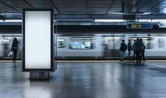 Mockup display in railway station. Blank board on underground platform. Marketing mock up banner in subway. Template poster in city street. Empty business billboard in metro photo