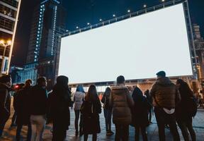 Mockup billboard. Advertisement banner poster. Commercial template on street. Blank empty space. White display sign. Business mock-up frame in city photo