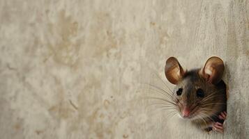 Rat in home. Little rodent on floor at wall. Small grey animal, danger situation. Mouse in hole photo