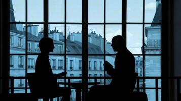 Meeting people at work. Talking man and businesswoman. Two person at window. Businessman lifestyle. Silhouette of people in office. Partnership team concept. photo
