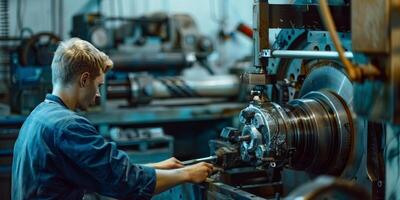 Worker at factory with machine. Industrial technology equipment. Manufacturing service and technician workman. Workshop and job. Industry operator at mechanic plant photo