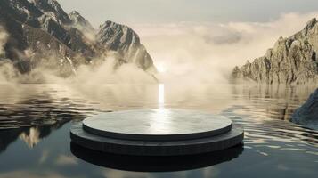 Platform on water. Product stage on sea wave, pedestal with ocean background. Scene for business luxury stand. Empty cosmetic podium with nature backdrop photo