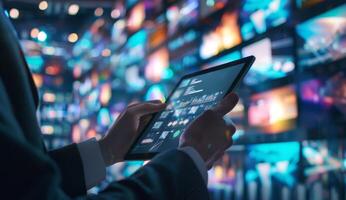 Businessman with tablet. Financial online marketing. Management and analysis, internet planning. Business man and stock investment, digital market. Professional technology strategy photo