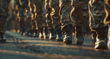 Military troops soldier. Training of man in camouflage. Armed boot. Army shoes photo