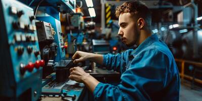 Worker at factory with machine. Workshop and job. Industry operator at mechanic plant. Manufacturing service and technician workman. Industrial technology equipment photo