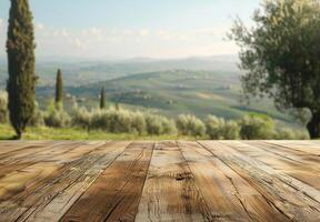Province mockup desktop with italian country background. Summer wooden old rustic display place for copyspace product. Empty board tabletop for ads. Advertise mock up decoration photo