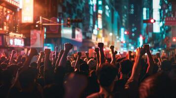 Protest demonstration, crowd of group people. Protesting men. Social event. Young activist photo