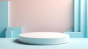 Mockup showcase in pastel blue background. 3d minimal geometric mock up stage. Product stand, business display base. Abstract studio empty show room. Presentation decoration of showroom photo