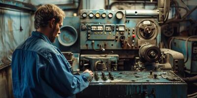 Worker at factory with machine. Workshop and job. Industry operator at mechanic plant. Industrial technology equipment. Manufacturing service and technician workman. photo
