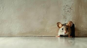 Rat in home. Mouse in hole. Little rodent on floor at wall. Small grey animal, danger situation. photo