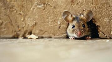 Rat in home. Little rodent on floor at wall. Small grey animal, danger situation. Mouse in hole photo