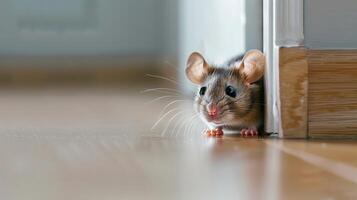 Rat in home. Little rodent on floor at wall. Mouse in hole. photo