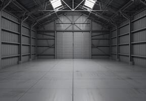 Warehouse hangar, industrial garage. Storage room, modern factory building. Metal storehouse with copyspace. Empty industry interior, steel background photo