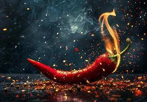 Chilli pepper with flame. Red spicy cayenne food. Jalapeno vegetable, fresh raw paprika. photo