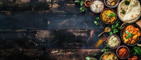Indian curry spice food in bowl. Rustic wooden table. Copyspace for template. Traditional asian fried vegetable dinner with rice, chicken, bread and sauce in dish photo
