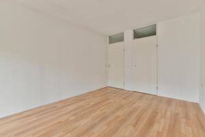 An empty room with wooden floors and white walls photo