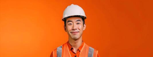Smiling Asian Engineer in Hard Hat and Vest Against Orange Background photo