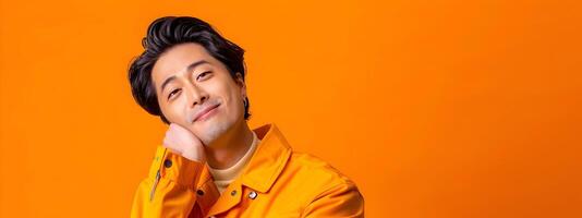 Smiling Hallyu Man in Modern Costume with Neo Pop Sensibility on Orange Background photo