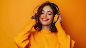 Smiling Asian Woman Listening to Music in Neo Pop Sensibility photo