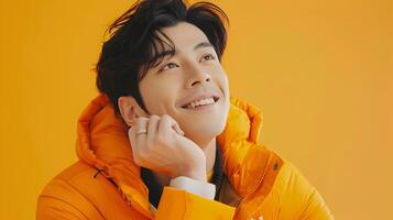 sonriente hallyu hombre contemplando en moderno neo popular disfraz en naranja antecedentes foto