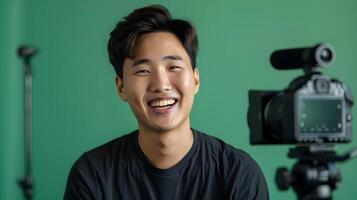 Smiling Hallyu Man Creating Remote Content Against Green Background photo