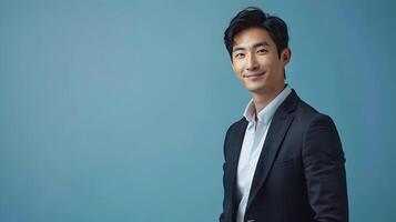 Smiling Hallyu Businessman in Suit Poses Against Blue Commercial Background photo