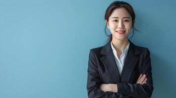 Smiling Hallyu Businesswoman in Suit Posing Confidently Against Blue Background photo