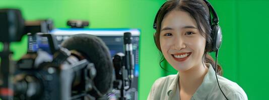 Smiling Asian Woman Conducting Online Training Session in Neo Pop Style Studio photo