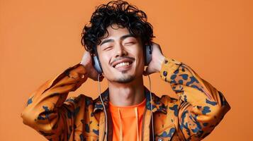 Smiling Hallyu Man Listening to Music in Modern Costume with Orange Background photo