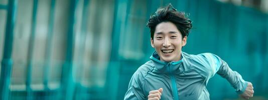Energetic Smiling Man Running in Modern Costume with Neo Pop Styling photo