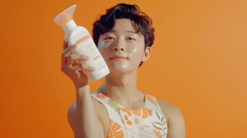 Joyful Asian Hallyu Boy Holding Lotion on Vibrant Orange Background photo
