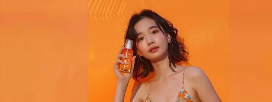 Joyful Asian Woman Showcasing Skincare Product with Neo Pop Styling photo