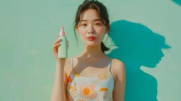 Joyful Asian Hallyu Girl Holding Shampoo Bottle on Green Background in Neo Pop Styling photo