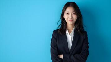 Confident and Successful Smiling Asian Businesswoman in Suit on Blue Background photo
