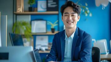 Portrait of Enthusiastic Hallyu Businessman at Modern Office Workspace photo