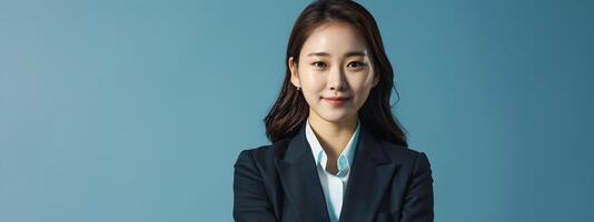 Confident Businesswoman in Suit Smiling at Against Blue Background photo