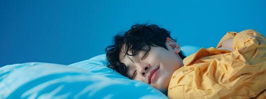 Hallyu Man Sleeping in Modern Costume Against Blue Background photo