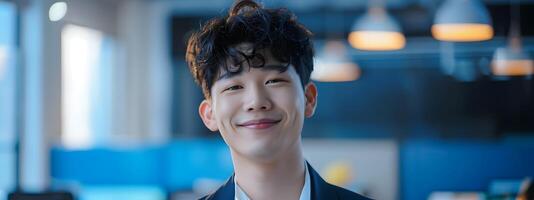 Confident Young Businessman Smiling at in Office Setting with Neo Pop Sensibility photo