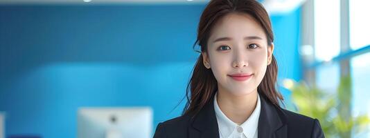 Confident Hallyu Businesswoman Smiling at in Blue Toned Office Interior photo