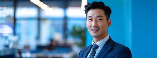 Confident Young Hallyu Businessman Smiling in Office with Blue Backdrop photo