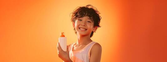 Cheerful Asian Hallyu Boy Holding Skincare Product in Vibrant Neo Pop Setting photo