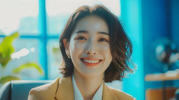 Confident Young Hallyu Business Executive Smiling at Office with Blue Background photo