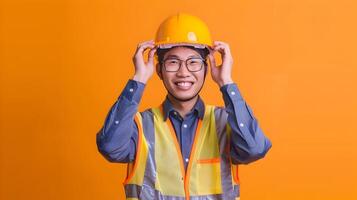 Smiling Asian Hallyu Engineer in Neo Pop Styled Construction Worker Portrait photo