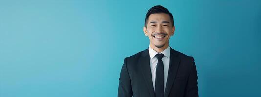 Confident Hallyu Businessman Portraiture in Neo Pop Commercial Style with Blue Backdrop photo